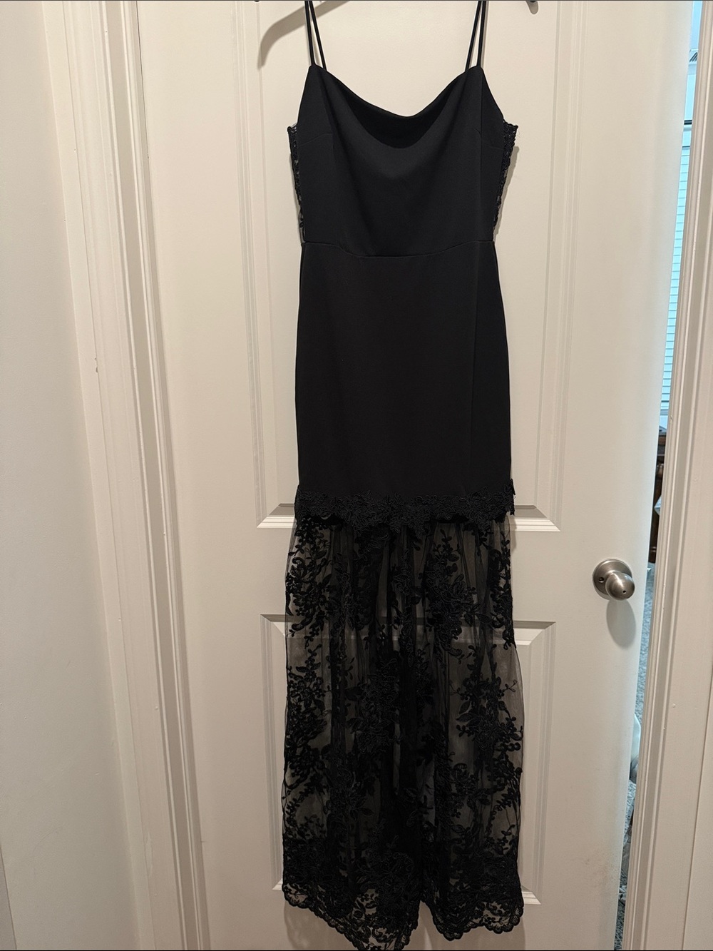 Windsor Black Lace-Trim Cowl Neck Prom Dress